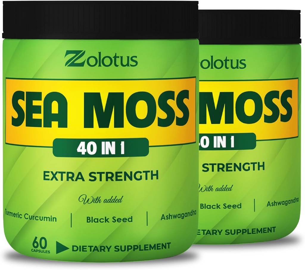 Zolotus (2 Packs 60 Capsules Sea Moss Supplement 40 in 1, met Kurkuma Curcumin, Ashwagandha Root, Bladderwrack voor Immune System, Body Balance & Heart Health