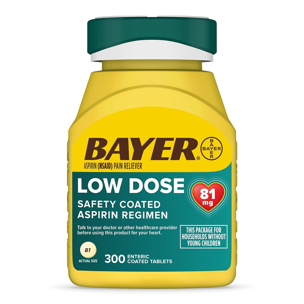 Bayer Aspirine Low Dose 81 mg, Enteric Coated Tablets, Doctor Aanbevolen, Secundaire preventie van hart- en vaatziekten, 300 Safety Coated Tablets