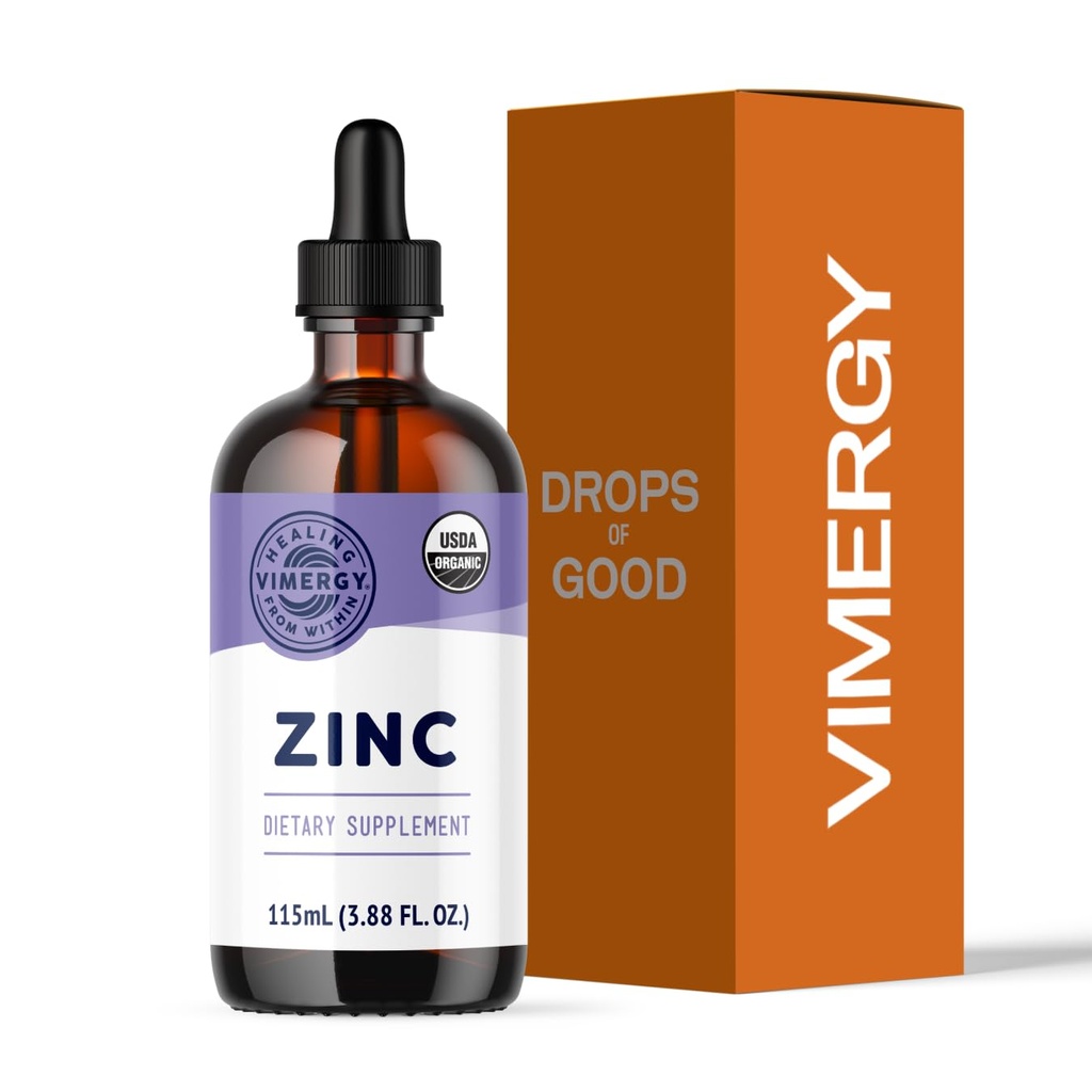 VIMERGY Suppléments biologiques en zinc USDA pour les femmes et les hommes (7,5 mg de zinc liquide par portion) Soutien immunitaire à absorption rapide, favorise la santé des os et de la peau, végétalien, jusqu'à 57 portions (115 ml)