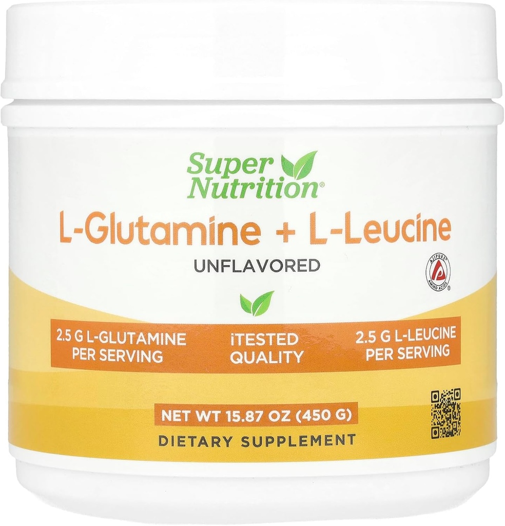 Super Nutrition L-Glutamine + L-Leucine, ongearomatiseerd, 15,87 oz (450 g)