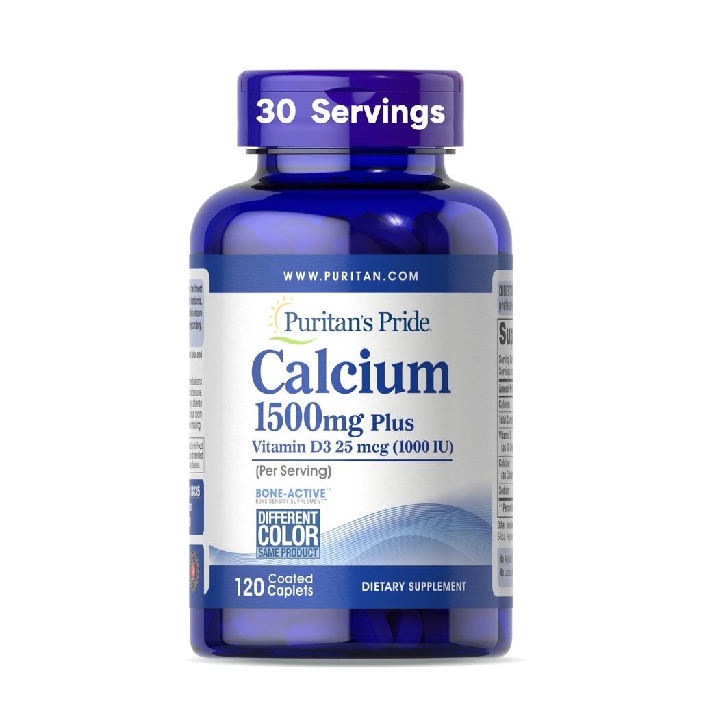 Puritan's Pride Absorbable Calcium 1500 mg Plus Vitamine D3 25mcg 1000 IE, Dieetsupplement voor botsterkte, hart, nerve, spier en immuunondersteuning, 120 gecoate capletten
