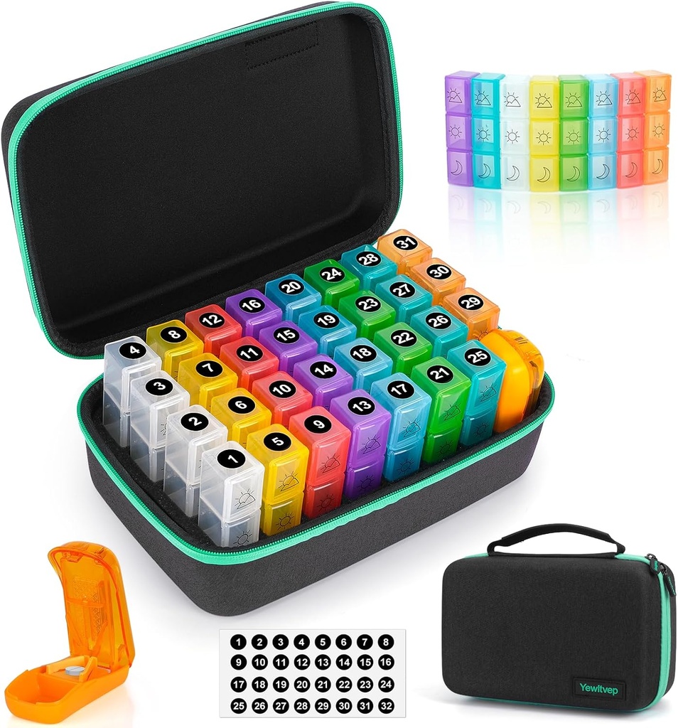 Maandelijkse pil Organizer 3X een dag met 7-Day Travel Medicine Organiseren Bag, Medicine pil Box met 32 Dagelijkse afdelingen, 31 Dag pil houder 30 Dag pil geval voor vitamine, supplement en medicatie