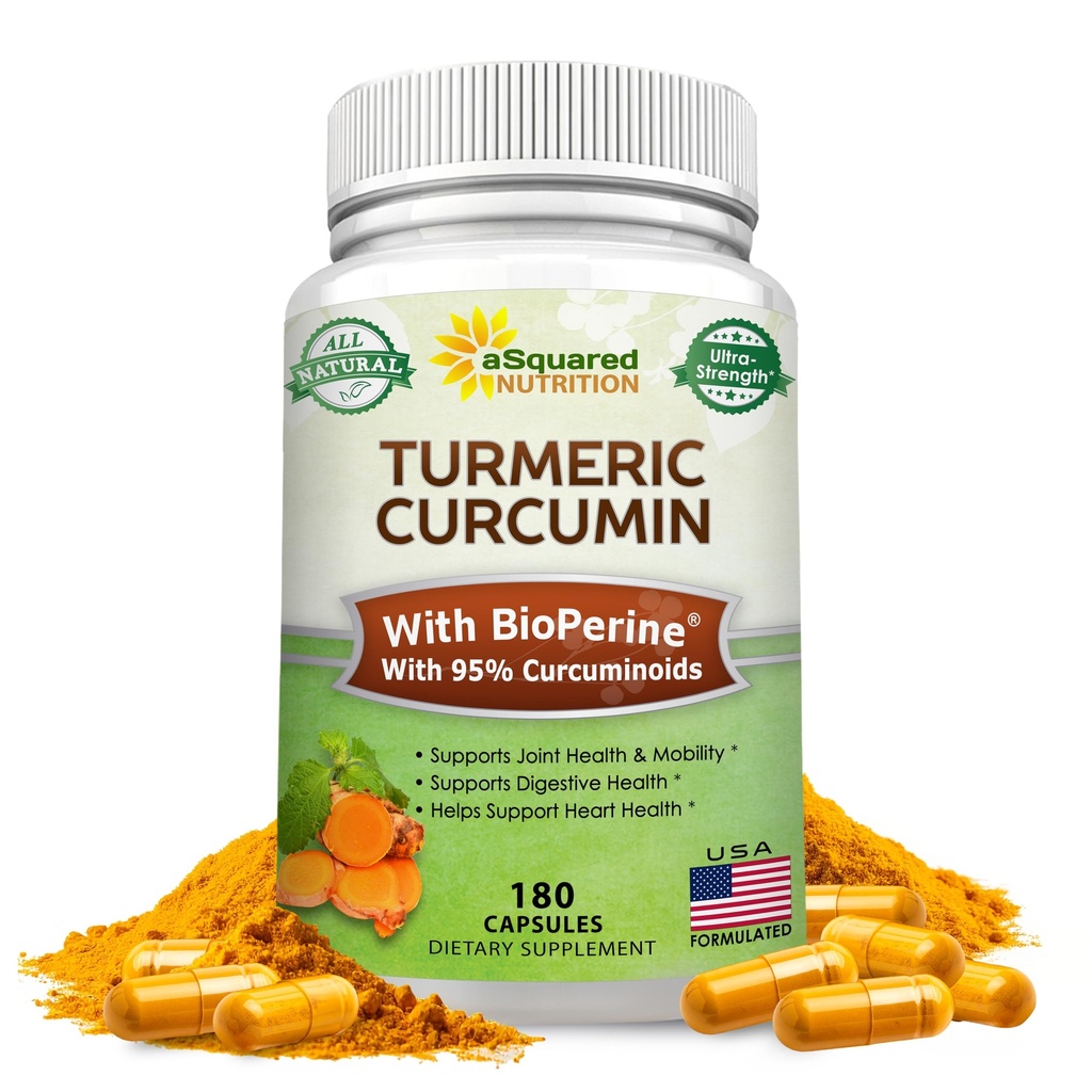 aSquared Nutrition Curcumin curcumatre 1300mg avec extrait de poivre noir BioPerine - 180 Capsules - avec 95% Curcuminoïdes, suppléments de poudre de racine tumérique naturelle, pilules pures et articulaires