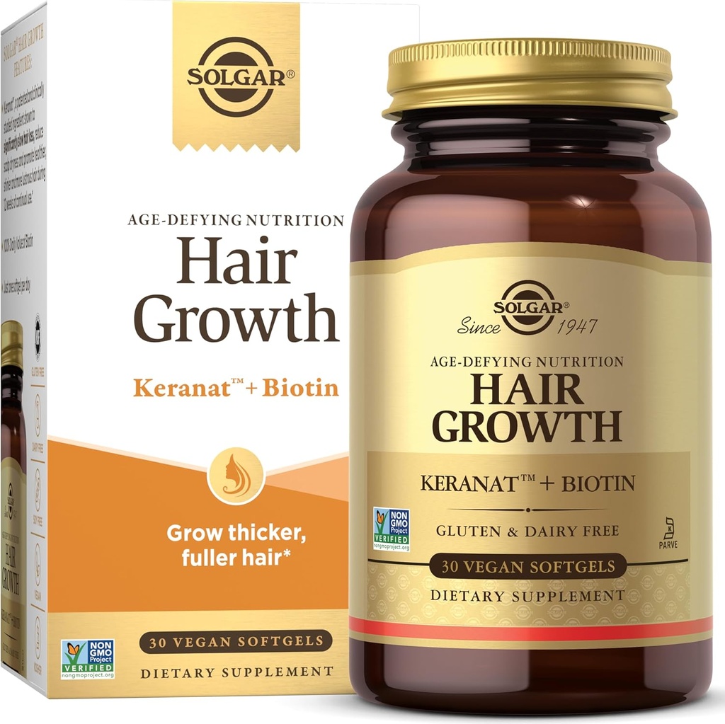 Supplément de croissance des cheveux de Solgar pour les cheveux plus épais avec huile de kéranat, biotine, zinc et cuivre, complément de santé des cheveux, nutrition défavorisante pour les hommes et les femmes, 30 portions
