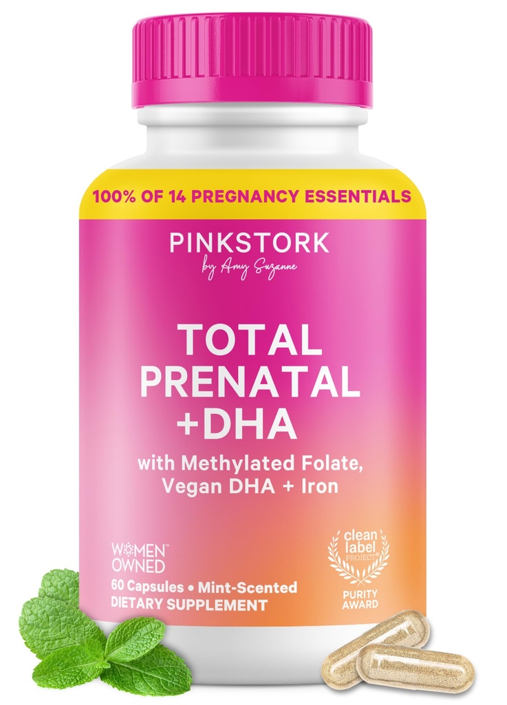 Roze Ooievaars Totaal Prenatale Vitaminen met DHA, Folaat, IJzer, Choline, en Vitamine B12 - Preconceptie Voeding - Prenatalen voor vrouwen, Zwangerschap Essentials - Mint Essentie, 60 Capsules, 1 Maand Levering