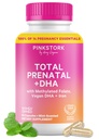 Pink Stork Vitamines prénatales totales avec DHA, Folate, Fer, Choline et Vitamine B12 - Préconception Nutrition - Prénatales pour les femmes, Grossesse Essentielle - Essence de menthe, 60 capsules, 1 mois d'approvisionnement