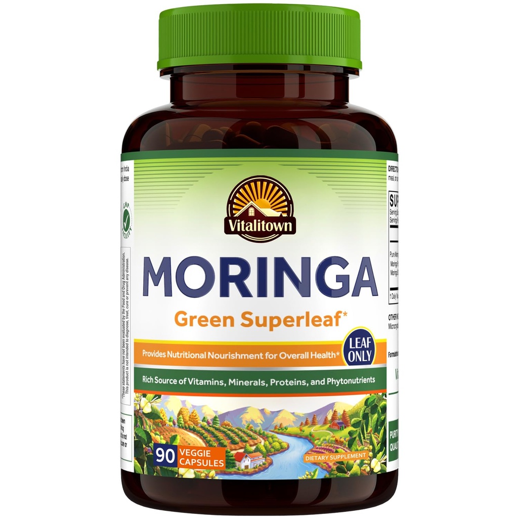 Vitalitown Moringa Capsules 11 000 MG, Pure Moringa Oleifera Feuilles, Pas de bâtons, Pas de caféine, Énergie, Immune, 90 Capsules
