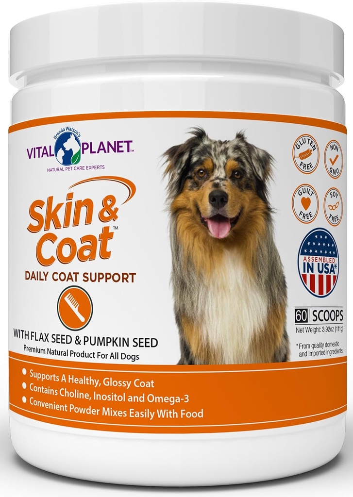 Vital Planet - Skin and Coat Powder Supplement for Dogs with Choline, Inositol, Pumpkin, Flax and Omega-3 Oils to Support a Soft Shiny Healthy Coat and for Seasonal Allergies - 60 Scoops, 111g, 3.92oz
