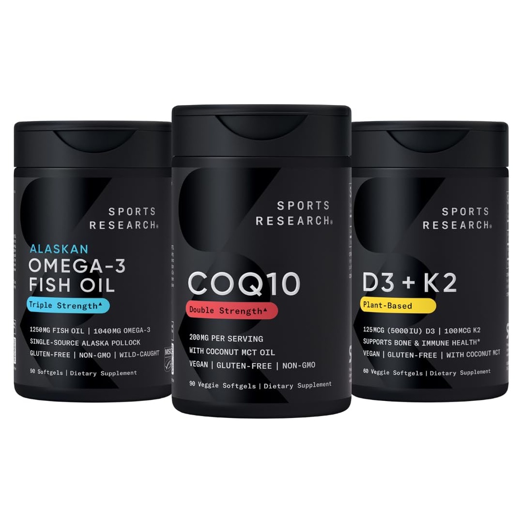 Recherche sportive 1250 mg Omega 3 Huile de poisson sans bourrage provenant d'une seule source Wild Alaskan Pollock, CoQ10 (200 mg) Amélioré w/Coconut MCT Huile pour une meilleure absorption et 5000iu Vitamine D avec 100mcg Mk7 Vitamine K