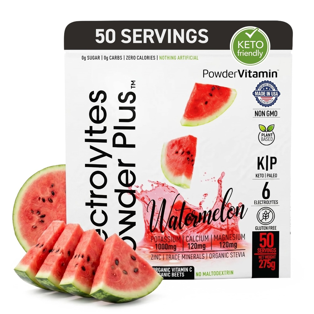 Elektrolyten Poeder Plus (50 porties), 0 Calorie Keto, 0 Suiker, Geen Maltodextrine,1000mg Kalium,120mg Calcium,120mg Magnesium, Hydratatiepoeder (50 porties, Watermeloen)