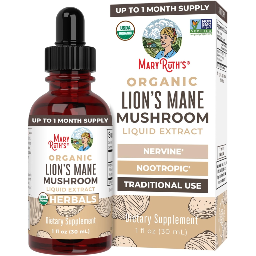 MaryRuth Organics Lions Mane Mushroom Supplement, jusqu'à 1 mois d'approvisionnement, Nootropic USDA Organic Lions Mane Extract Nervine Herbal Liquid Drops, Cerveau Santé Non-OGM L'alcool végétal sans teinture, 1 Fl Oz