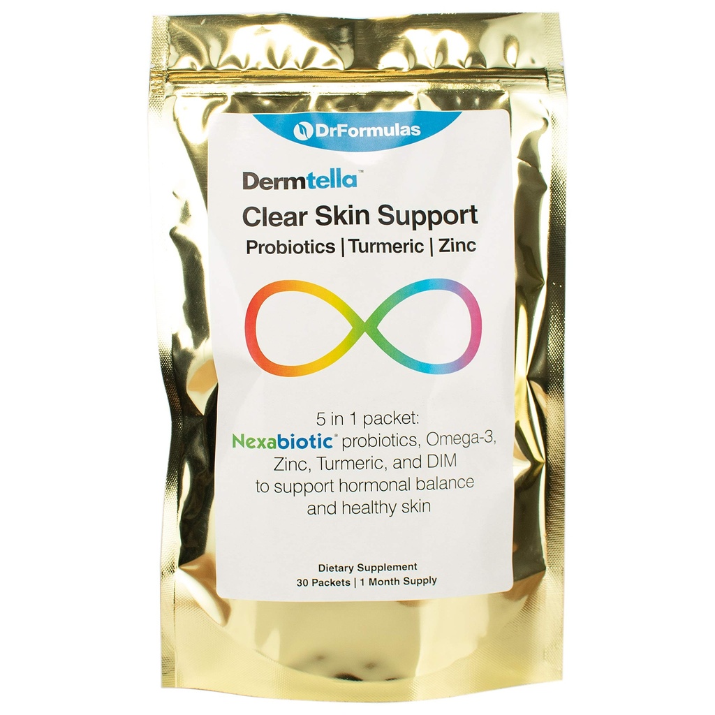 DrFormulas Dermtella Packs de soutien de la peau claire.Pills avec zinc, probiotiques et suppléments DIM.com pour les femmes, les adolescents et les hommes avec probiotiques nexabiotiques, curcuma, huile de poisson, 1 mois d'approvisionnement