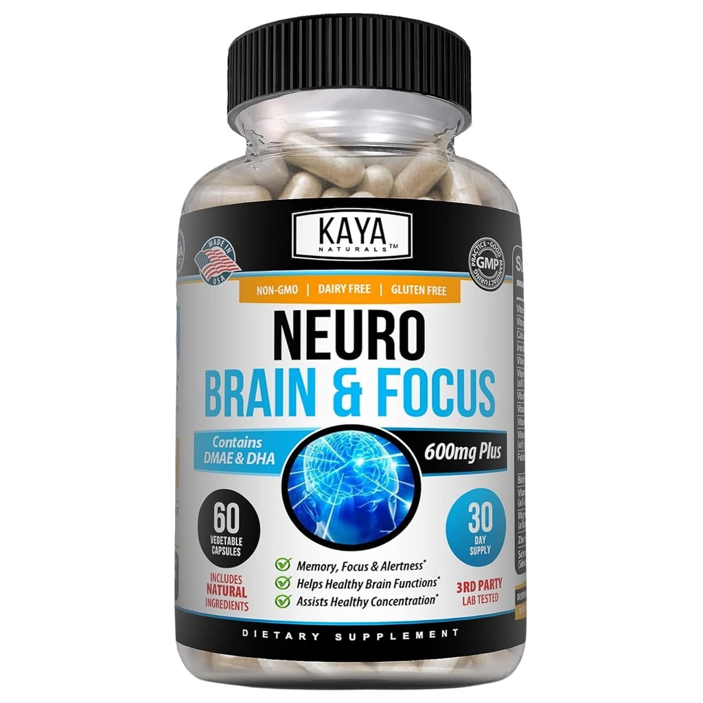 Kaya Naturals - Neuro Brain for Memory & Focus - Nootrope Energy Capsule - Nootrope Brain Support Supplement - Focus & Concentration & Learning Accuracy - Cognitieve functie - 60 Tel.