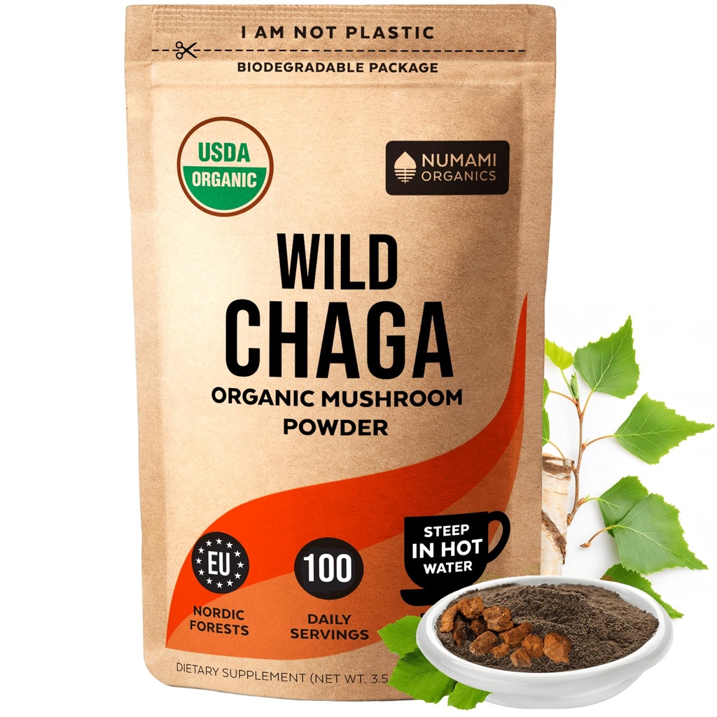 Biologische Chaga Paddestoelen Poeder - Fijn poeder om Chaga Thee te maken voor Immune Defense en Meer Energie, Biologische Chaga is Wild Groeide en Duurzaam Geoogst in Europa, Gecertificeerde USDA Biologische, 100 porties