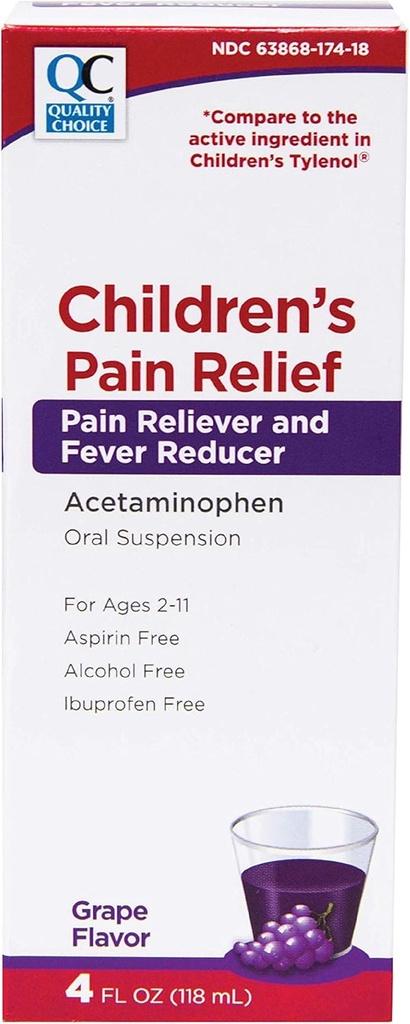 Quality Choice Children's Pain Relief & Fever Reducer for Kids, 4fl oz Acetaminophen 160mg per 5ml, Ibuprofen & Aspirine Free, Liquid Cold and Flu Medicine for Kids, Regular Strength OTC Medication