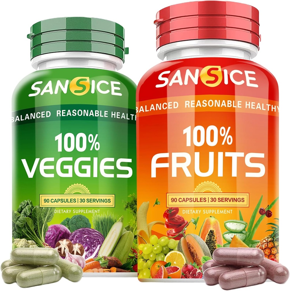 Suppléments de fruits et légumes, vitamines naturelles de fruits et légumes Sans soja et suppléments de légumes et fruits non OGM pour femmes Hommes et enfants - 90 Capsules de fruits, 90 Capsules de légumes