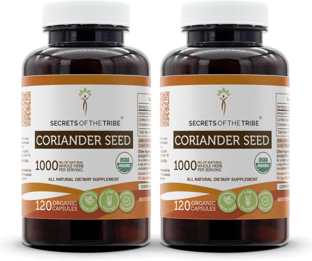 Secrets de la graine de coriandre de Tribe 120 capsules (2 pcs.), 1000 mg, graine de coriandre biologique de l'USDA séchée (2x120 capsules)