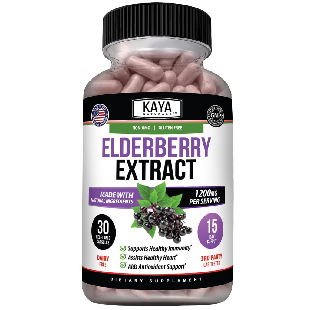 Kaya Naturals Vlierbes Immune Support - Vlierbes Extract, Rijke Antioxidant Premium Vitaminen, 1200mg Immune System Booster Sambucus Capsules - 30 Tel.