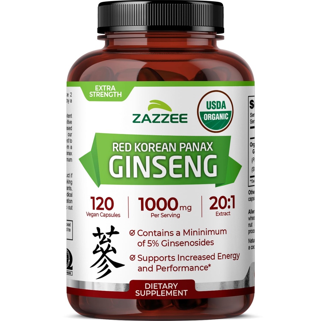 Zazzee USDA Biologische Rode Koreaanse Panax Ginseng 20:1 Extract, 1000 mg, 5% Ginsenosides, 120 Vegan Capsules, gestandaardiseerd en geconcentreerd 20X Root Extract, 100% vegetarisch, all-natural, Made in The USA