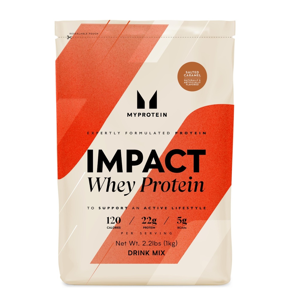 Myprotein Impact Whey Protein Powder, 2.2 Lbs (31 Servings) Salted Caramel, 22g Protein & 5g BCAA Per Serving, Protein Shake for Superior Performance, Muscle Strength & Recovery, Gluten Free