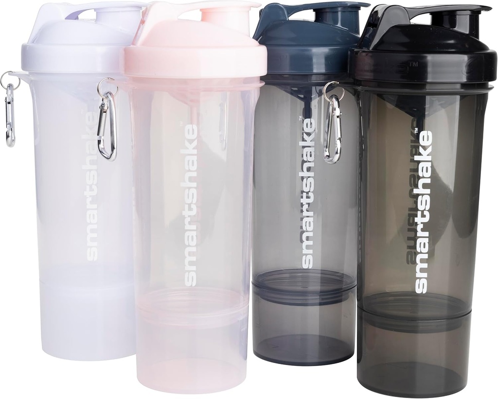 Smartshake Slim 4-Pack Protein Shaker Bottle 400 ml | 13.5 oz – Storage Included - Leakproof Screw-on Lid - BPA Free – Unisex - Black, White, Stormy Gray, Cotton pink