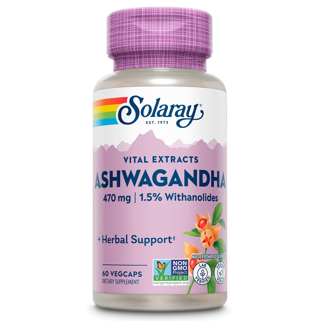 SOLARAY Vital Extracts Ashwagandha 470mg - Krachtige Adaptogen - Ashwagandha Supplementen w/7mg Withanolides, Wellness Support, Vegan, Non-GMO, Lab geverifieerd, 60-dagen garantie, 60 porties, 60 VegCaps