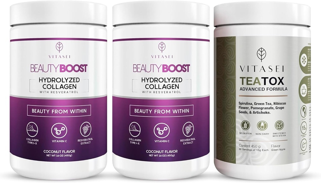 VITASEI Gehydrolyseerde collagen Peptiden Poeder met vitamine C & Resveratrol en Teatox Reiniging Ondersteuning Poeder, Digestie Booster W/Groene Thee, Spirulina, Artichoke