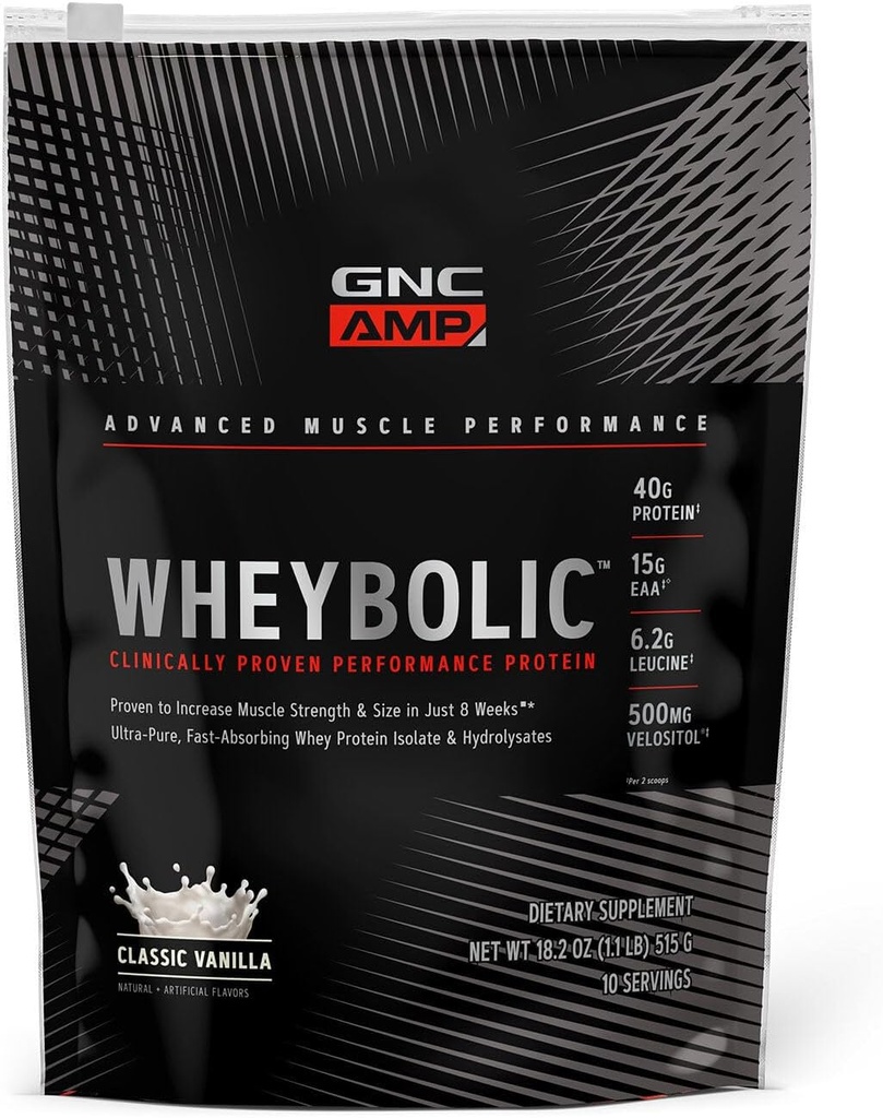 GNC AMP Wheybolic Klinisch Proven Proteïnepoeder, 40g Wei Proteïne, BCAA, Leucine, verhoogt spierkracht, spieropbouw, 3rd Party Tested, Glutenvrij, Klassieke Vanille, 10 porties