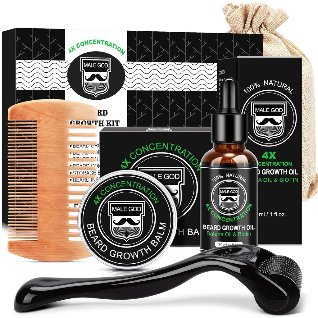 MALE GOD Baardgroei Kit, Baard Kit W/Baardgroei Olie, Baard Balm, Baard Comb, Massager voor Spot/Patchy Baard, Kerstcadeaus voor mannen Him Vriend Man