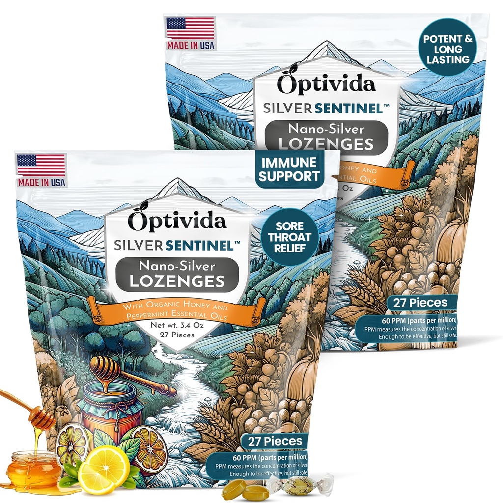 Optivida Health Collective Silver Lozenges with Honey & Citroen Oil (2 Pack) - Soothing Sore Throat Lozen voor volwassenen met Cough Relief & Snelwerkende Nano Silver Formula for Immune Support, 60 Ppm