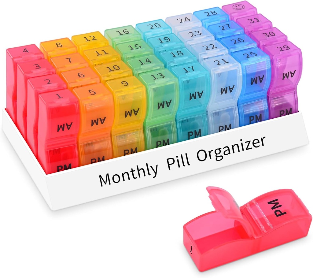 GREENCYCLE Monthly Pill Organizer 2 Times a Day, 30 Days Pill Box AM PM, 4 Week Pill Cases, One Month Pill Medicine Container Small Separate Compartments to Hold Vitamins, Fish Oil, Supplements