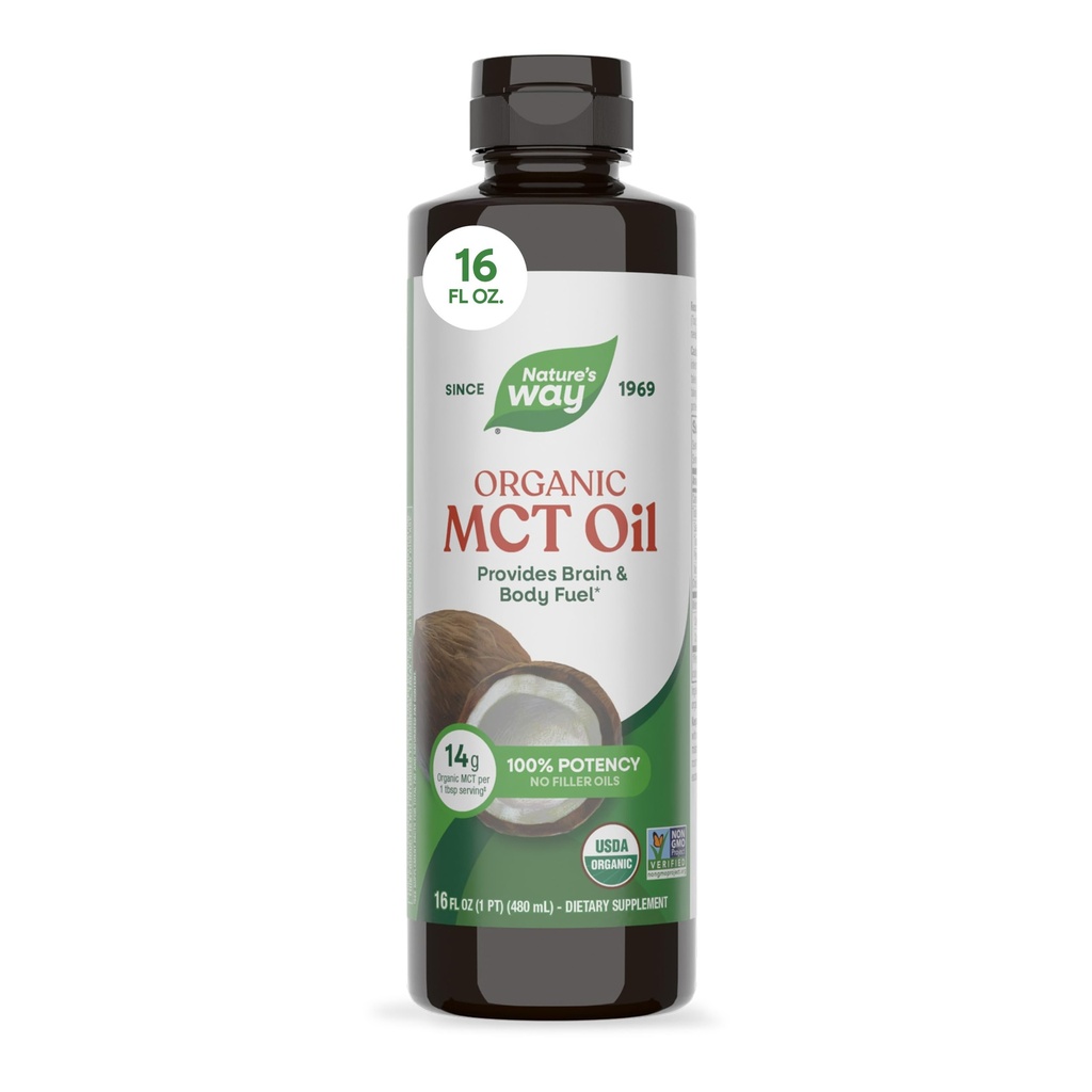 Nature's Way Huile MCT biologique, 16 Fl Oz, Cerveau et combustible corporel à partir de noix de coco*, C8 Acid Caprylique et C10 Acid Capric, Keto et Paleo Certifié, biologique, non-OGM Projet vérifié
