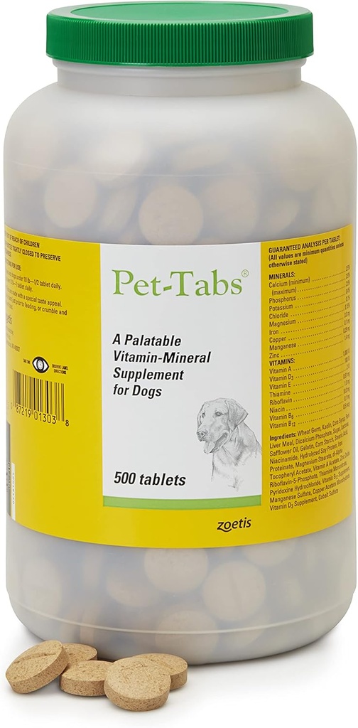 Pet-Tabs Multivitamine en Mineraal Supplement voor Honden, Kauwtablet, 500 Telfles voor Multidog Huishouden