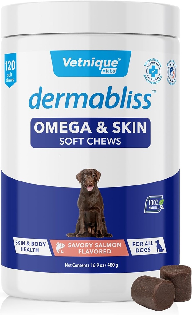 Vetnique Dermabliss Omega & Skin Health Visolie voor honden Zachte Kauwen Gezonde huid & Coat voor honden met Biotine & DHA - Hickory Salmon Dog Treats (120 Count Chews)