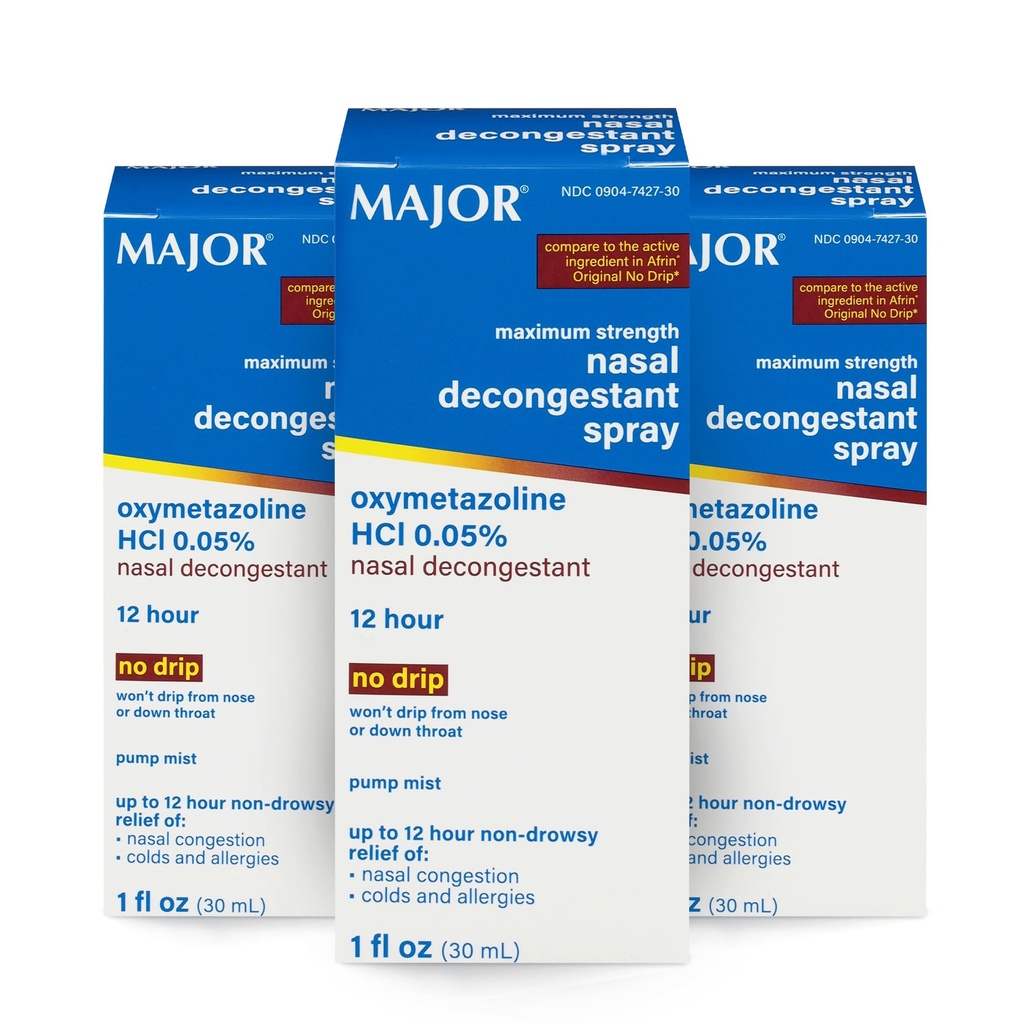 MAJOR Résistance maximale Vaporisateur à dônes nasales, HCl Oxymétazoline 0,05% Mist de pompe, Vaporisateur à nasal non somnolent, jusqu'à 12 heures de soulagement de la congestion nasale, des rhumes et des allergies 1 Fl. Oz. (3-Pack)