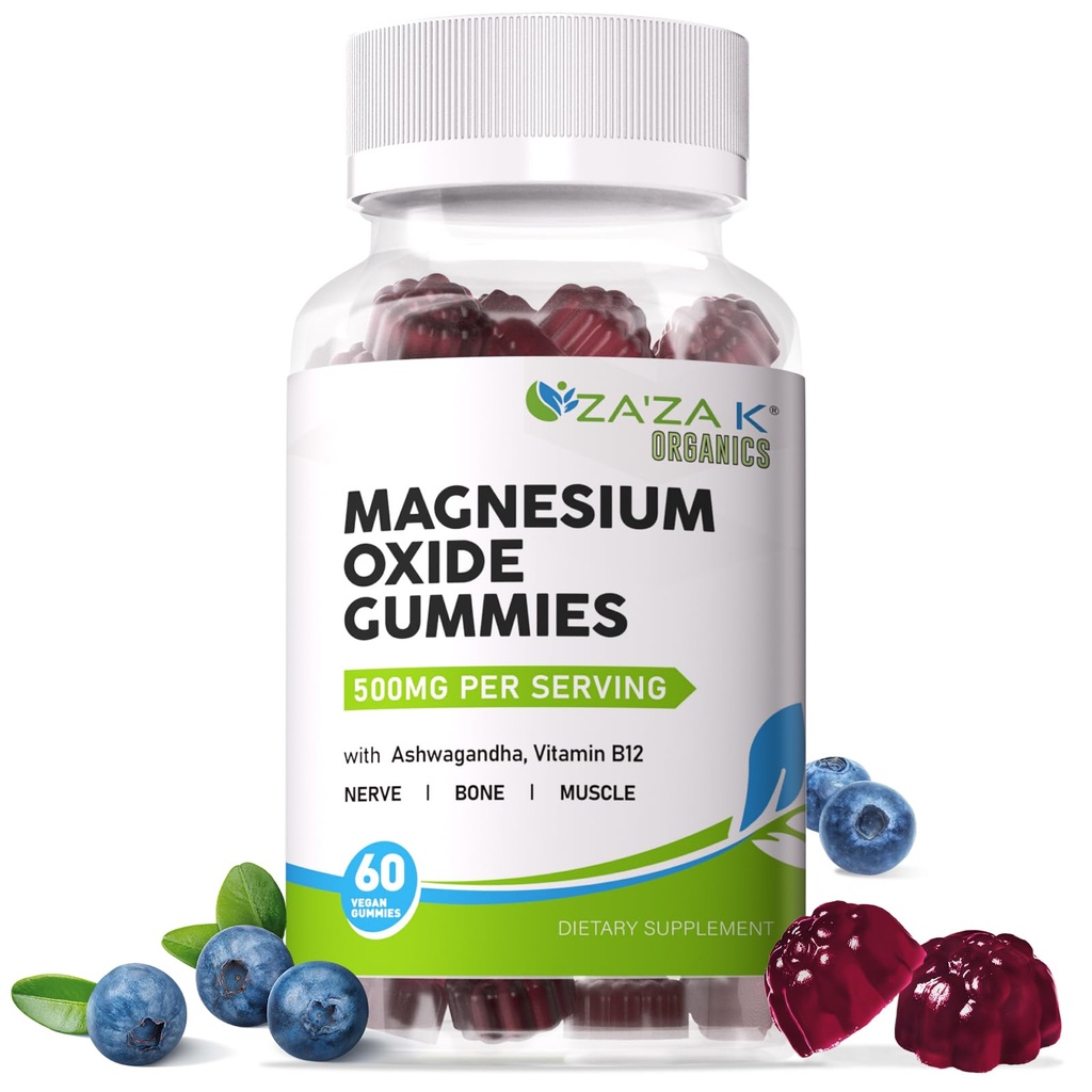 ZA'ZA K ORGANISCS Magnesiumoxide Gummies, Magnesiumoxide 500mg met Ashwagandha & vitamine B12 voor slaap, nerve, spier, bot en hart gezondheid, Magnesium kauwbaar supplement voor volwassenen kinderen, Vegan, 60