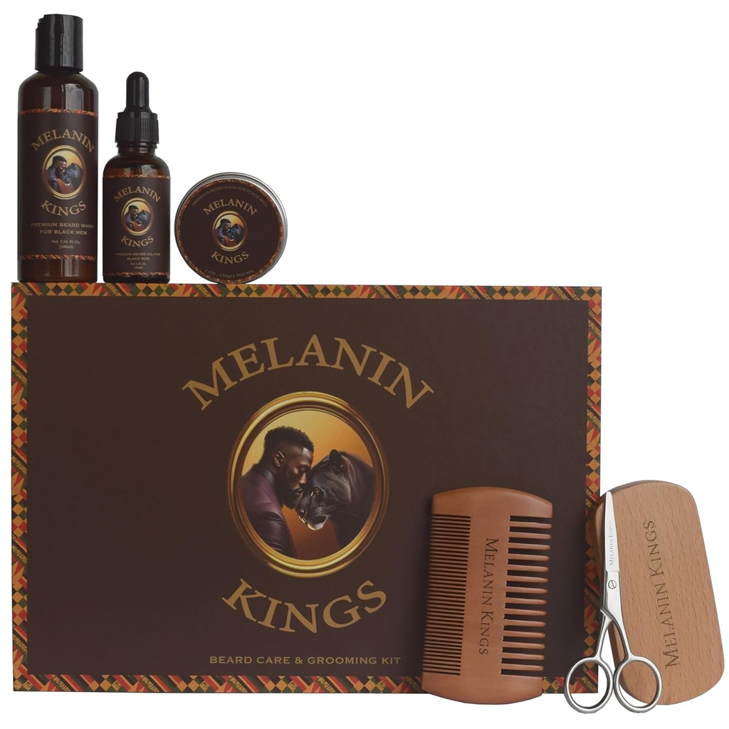 Melanin Kings Baard Grooming Kit voor mannen - Formules met Oude Afrikaanse natuurlijke ingrediënten Baardwash, Olie, Balsem, Borstel, Comb, Schaar trimmen