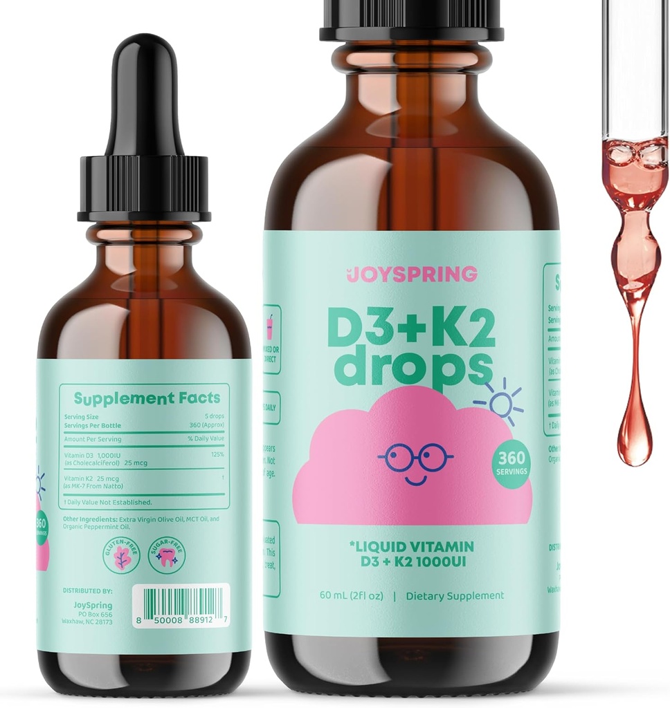 Des gouttes de vitamine D de JoySpring pour les tout-petits afin de soutenir la croissance, la santé osseuse et immunitaire, suppléments de zinc pour enfants - Elderberry avec du zinc liquide et des vitamines quotidiennes complexes B avec vitamine B2, B6, B12 et B5