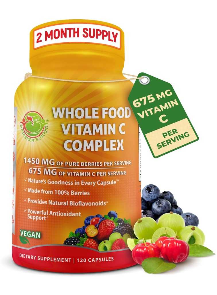 Whole Food Vitamin C Complex - 1450mg Biologische Bessen - 675 mg Vitamine C per Serving, High-Potency Antioxidant & Immune Support with Acerola, Amla and Natural Bioflavonoids - Vegan, Non-GMO, 120 Count