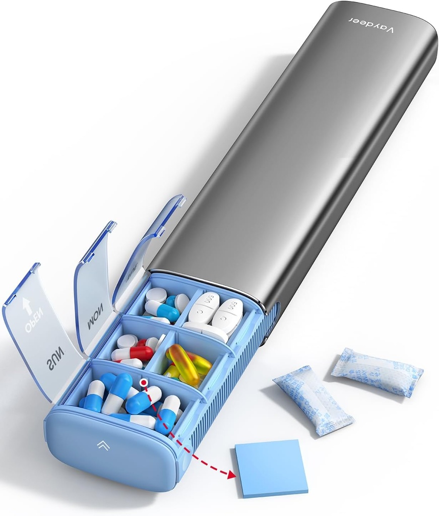 Vaydeer 7 dagen Weekly Pillen Organisator (Support 2 keer per dag), Metal Travel Pillen Case, Grote Capaciteit Daily Cute Pillen Box voor Supplementen, Pillen, Vitaminen en Medicatie (Gray)