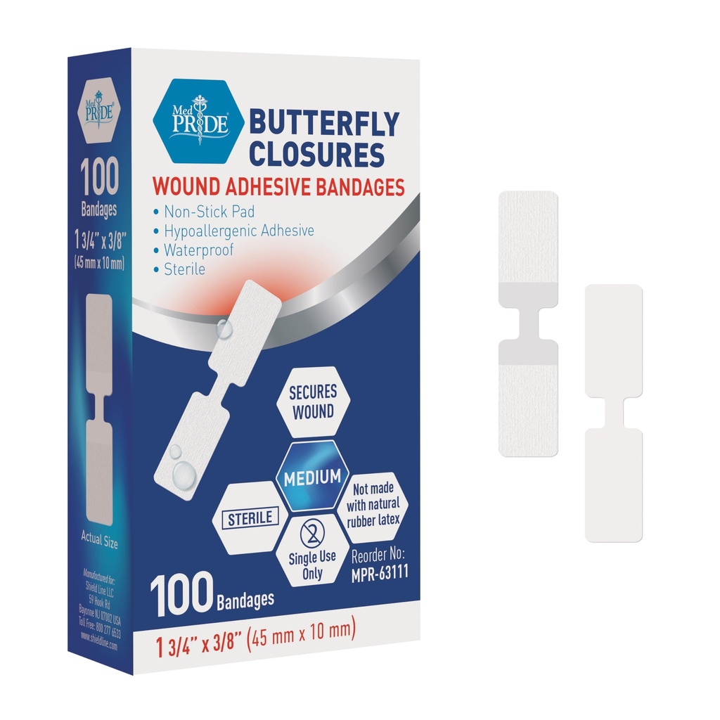 MED PRIDE Butterfly Wound Closing Strips Pack van 100 Steriel Nonstick Hypoallergeen Latex Vrije Bandages voor snijwonden en verwondingen (Medium)