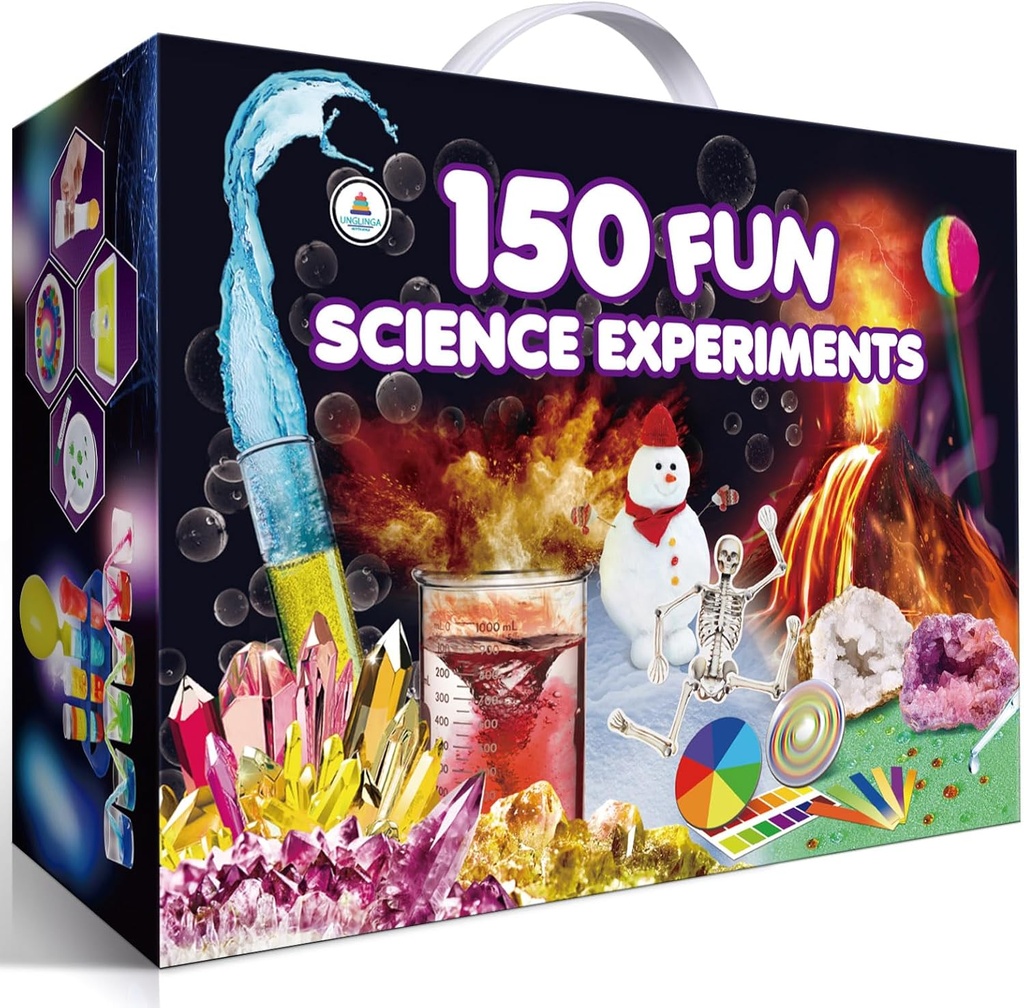 UNGLINGA 150 Expériences Kits scientifiques pour enfants Garçons Filles, S.T.E.M Kit Jouets Cadeaux Idées Anniversaire Noël, Chimie Pause Géodes, Volcan, Physique Activités éducatives Projet