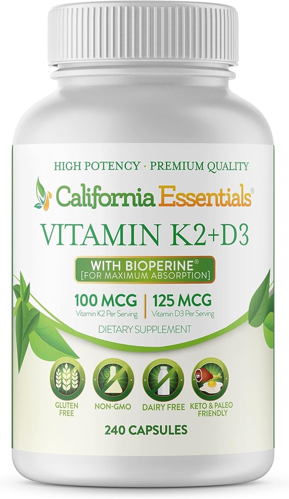 California Essentials Vitamine K2 + VIT D3 5000 IE met BioPerine voor maximale absorptie - Hart, bot, Immuun Support Supplement - Non-GMO, Dairy/Soy/Gluten-Free - 240 Veggie Capsules