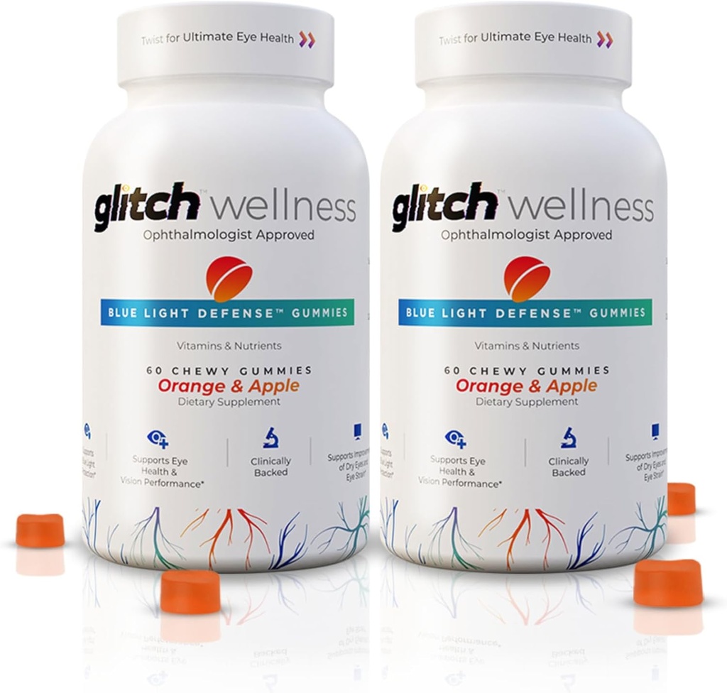 Glitch Gummies pour les yeux secs Blue Light Defense – Vegan, sans sucre Zeaxanthin et Lutein Gummies pour les yeux Supplément pour les adultes et les aînés (60 comte - 2 bouteille)