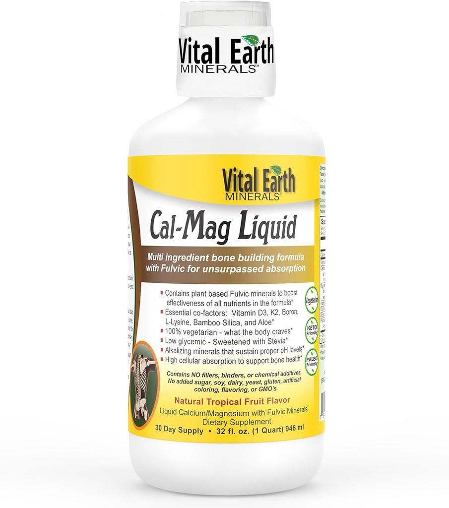 Minéraux vitaux de la Terre Cal-Mag Liquide – Supplément de magnésium de calcium avec vitamine D3, K2, Boron et acide fulvic pour une absorption plus rapide, 32 Oz + 1 Oz Cup