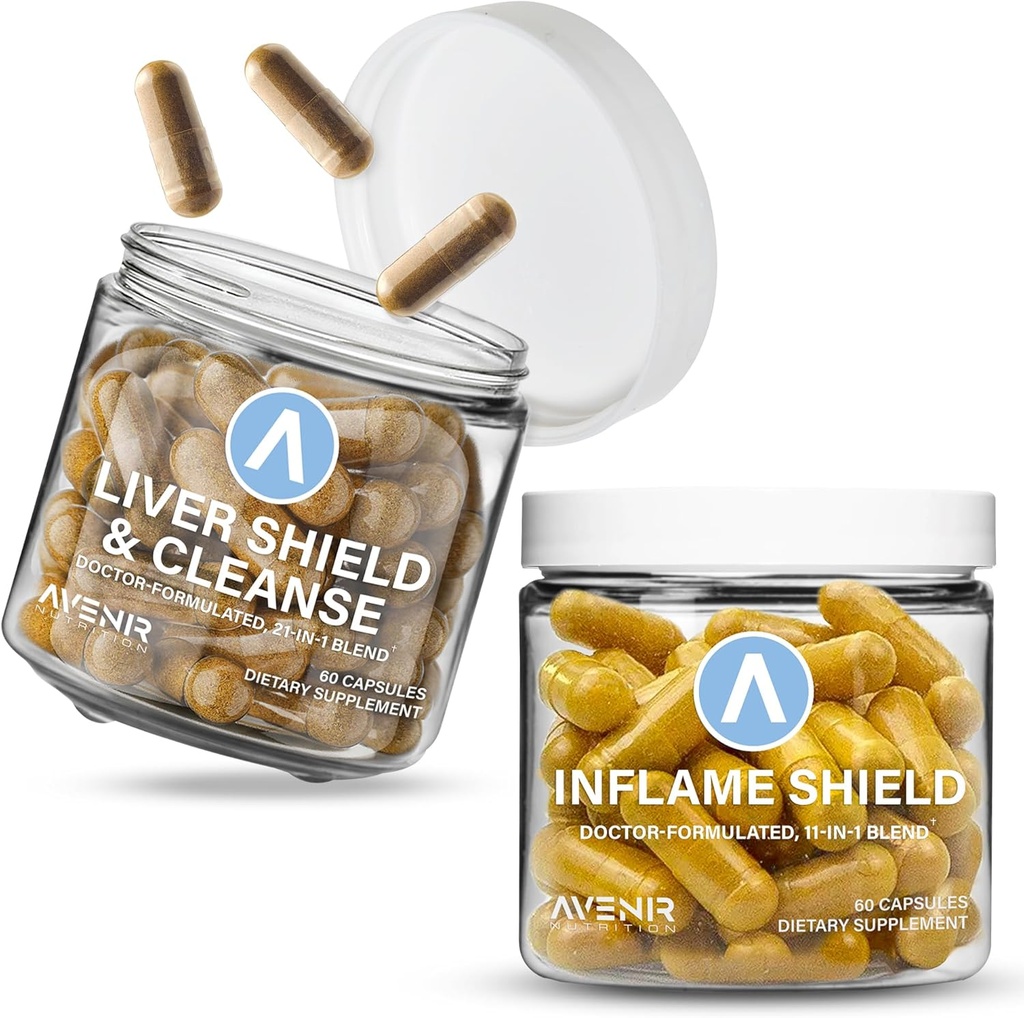 Avenir Nutrition Shield Hard Bundle - Lever Reiniging Detox & Reparatie en Inflame Shield - Melkdistel, Kurkuma en Gember Supplementen - 60 Capsules Elke