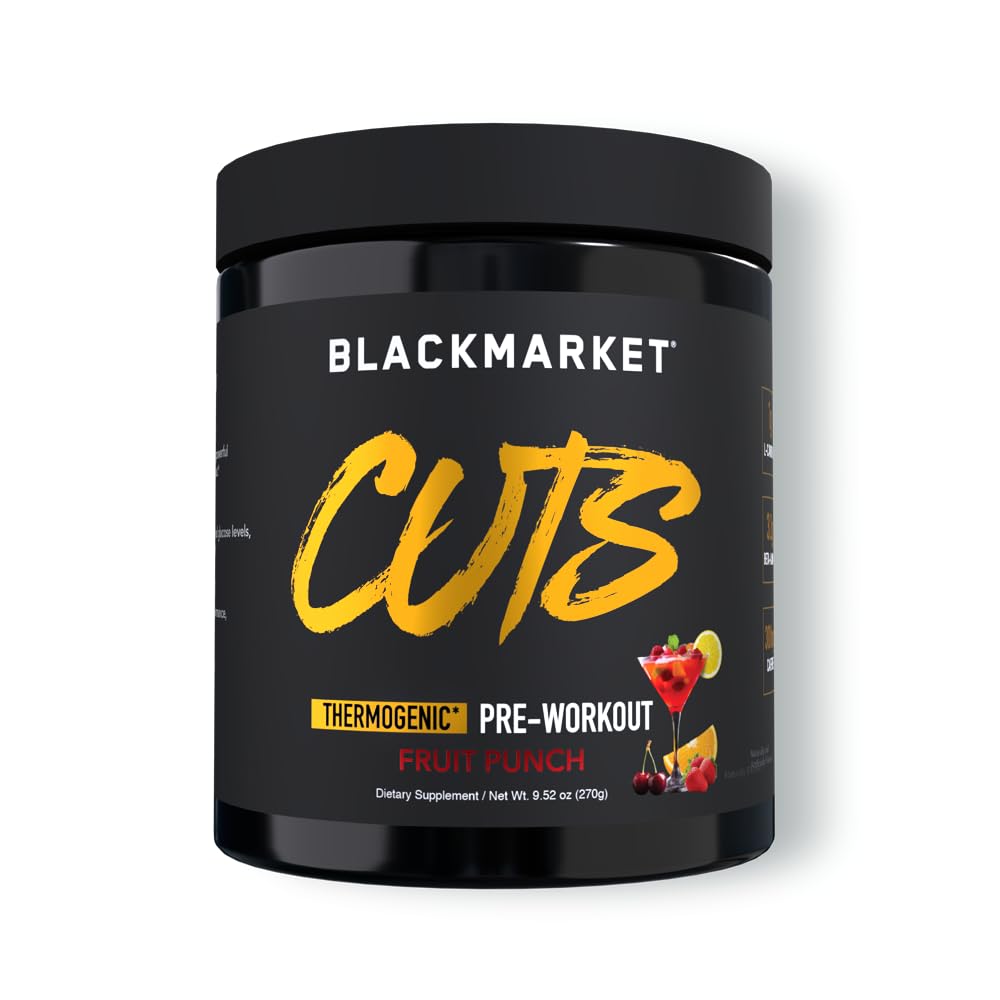BLACKMARKET CUTS Pre Workout – Thermogenic Energy & Focus Powder pour les hommes et les femmes, le métabolisme des graisses, la définition musculaire, sans créatine, 30 portions (fruit Punch)