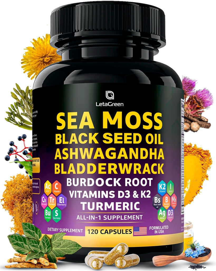 Capsules de mousse de mer – Mélange 17-en-1 avec l'huile de graines noires Ashwagandha Bladderwrack Root Turmeric Vitamine D3 K2 C pour le mieux-être quotidien – Supplément multiminéral pour les hommes et les femmes – 120 Compte