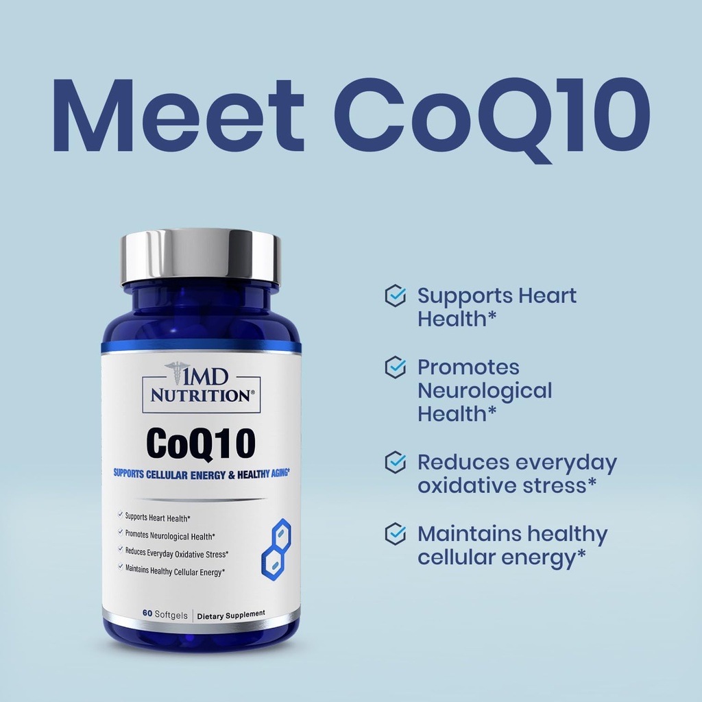 1MD Nutrition CoQ10 - voor Heart Health & Cellular Energy Production - Health Supplement for Men & Women - Coenzyme Q10 Softgel - 60 Days (2-pack)