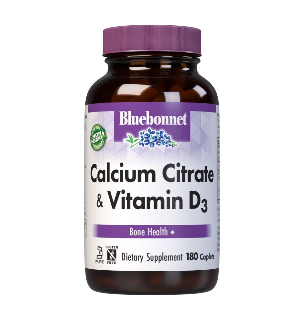 Bluebonnet Calcium citraat met vitamine D3 - Dagelijkse Bone Health & Strength Plus Immune Support* 1000mg Calciumsupplement voor vrouwen en mannen - Non-GMO, Glutenvrije - 180 Capletes